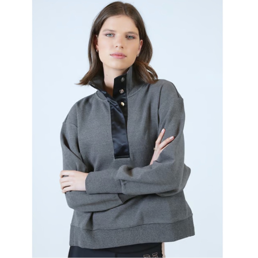 VARLEY Huston Ribbed Pique Sweatshirt Snap Cropped Pullover Slate Gray